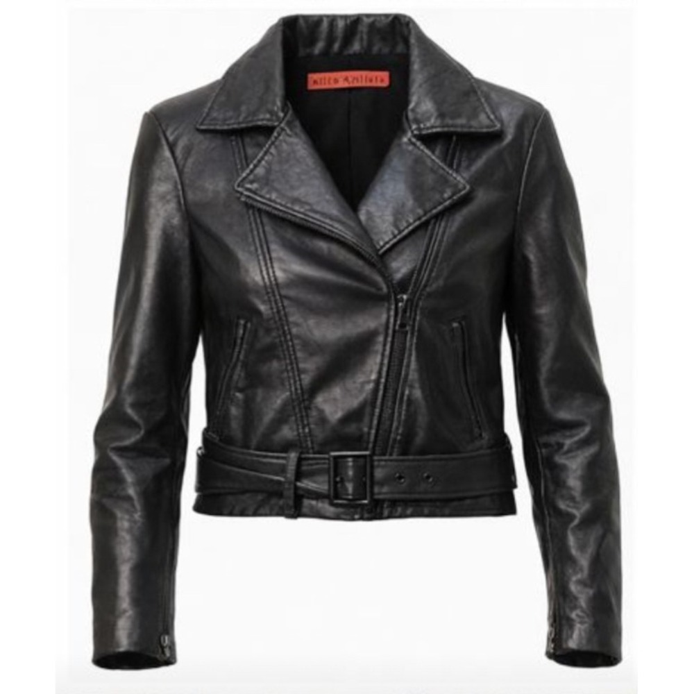 Alice + Olivia Womens Black Leather Biker Moto Jacket Belted Cropped Small